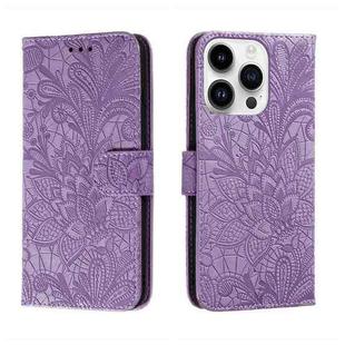 For iPhone 14 Pro Max Lace Flower Embossing Flip Leather Phone Case(Purple)