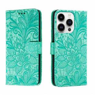 For iPhone 14 Pro Max Lace Flower Embossing Flip Leather Phone Case(Green)