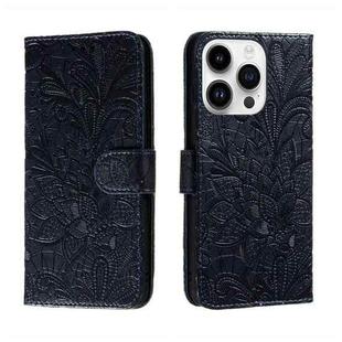 For iPhone 14 Pro Max Lace Flower Embossing Flip Leather Phone Case(Dark Blue)