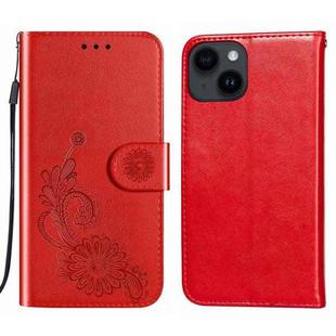 For iPhone 14 / 13 Lace Lotus Embossing Flip Leather Phone Case(Red)