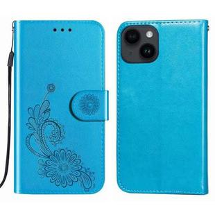 For iPhone 14 / 13 Lace Lotus Embossing Flip Leather Phone Case(Blue)