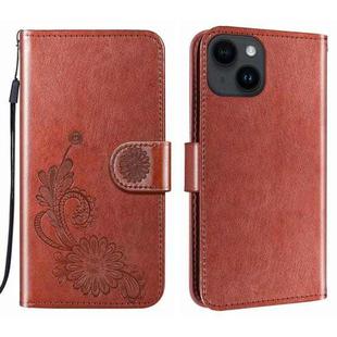 For iPhone 14 / 13 Lace Lotus Embossing Flip Leather Phone Case(Brown)