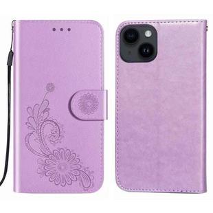 For iPhone 14 Plus Lace Lotus Embossing Flip Leather Phone Case(Purple)