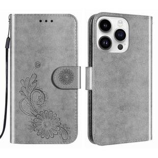 For iPhone 14 Pro Lace Lotus Embossing Flip Leather Phone Case(Grey)