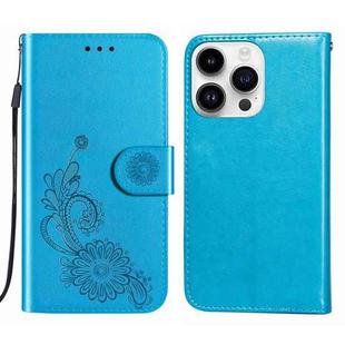 For iPhone 14 Pro Lace Lotus Embossing Flip Leather Phone Case(Blue)