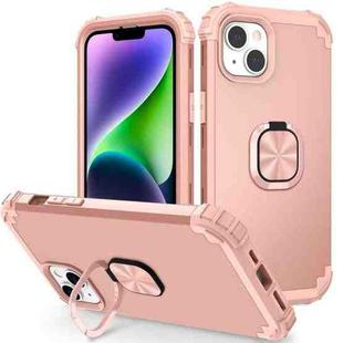 For iPhone 14 Plus 3 in 1 Ring Holder Soft Silicone Hard PC Phone Case(Rose Gold)