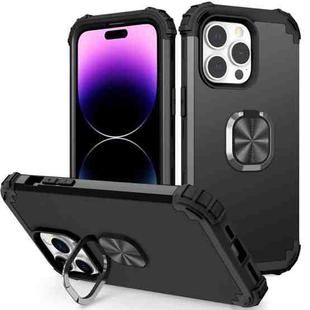 For iPhone 14 Pro Max 3 in 1 Ring Holder Soft Silicone Hard PC Phone Case(Black)