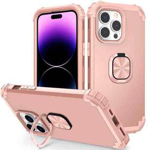 For iPhone 14 Pro Max 3 in 1 Ring Holder Soft Silicone Hard PC Phone Case(Rose Gold)