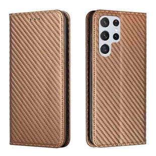 For Samsung Galaxy S23 Ultra 5G Carbon Fiber Texture Magnetic Flip Leather Phone Case(Brown)