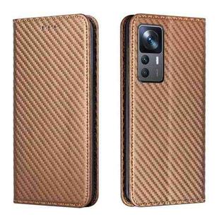 For Xiaomi 12T / 12T Pro / Redmi K50 Ultra Carbon Fiber Texture Magnetic Flip Leather Phone Case(Brown)