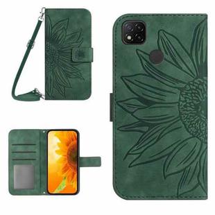 For Xiaomi Redmi 9C / Poco C3 Skin Feel Sun Flower Pattern Flip Leather Phone Case with Lanyard(Green)