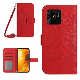 For Xiaomi Redmi 10C Skin Feel Sun Flower Pattern Flip Leather Phone Case with Lanyard(Red)