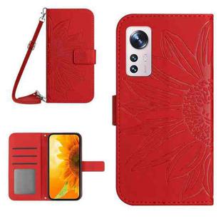 For Xiaomi 12 Lite Skin Feel Sun Flower Pattern Flip Leather Phone Case with Lanyard(Red)