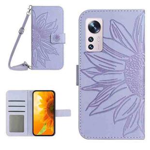 For Xiaomi 12 Pro Skin Feel Sun Flower Pattern Flip Leather Phone Case with Lanyard(Purple)