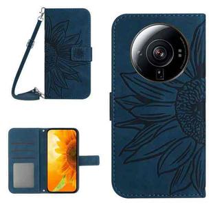 For Xiaomi 12S Ultra Skin Feel Sun Flower Pattern Flip Leather Phone Case with Lanyard(Inky Blue)