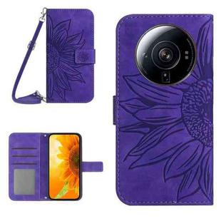 For Xiaomi 12S Ultra Skin Feel Sun Flower Pattern Flip Leather Phone Case with Lanyard(Dark Purple)