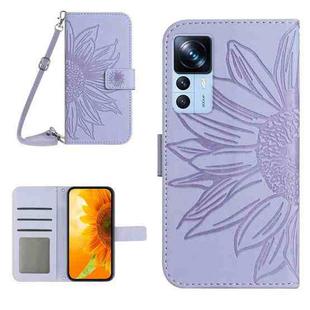 For Xiaomi 12T / 12T Pro Skin Feel Sun Flower Pattern Flip Leather Phone Case with Lanyard(Purple)