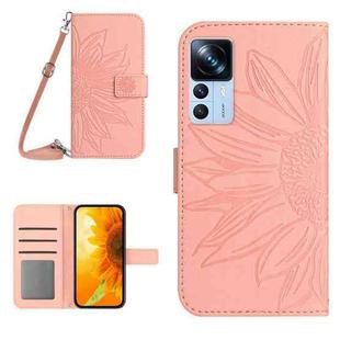 For Xiaomi 12T / 12T Pro Skin Feel Sun Flower Pattern Flip Leather Phone Case with Lanyard(Pink)