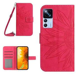 For Xiaomi 12T / 12T Pro Skin Feel Sun Flower Pattern Flip Leather Phone Case with Lanyard(Rose Red)