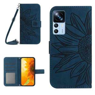 For Xiaomi 12T / 12T Pro Skin Feel Sun Flower Pattern Flip Leather Phone Case with Lanyard(Inky Blue)