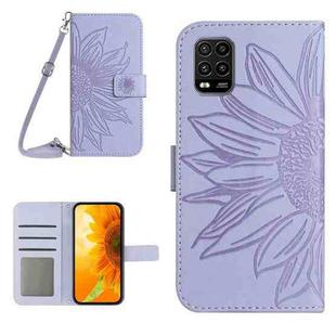 For Xiaomi Mi 10 Lite Skin Feel Sun Flower Pattern Flip Leather Phone Case with Lanyard(Purple)