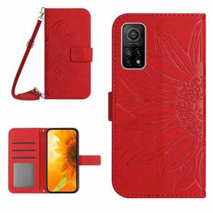 For Xiaomi Mi 10T / 10T Pro Skin Feel Sun Flower Pattern Flip Leather Phone Case with Lanyard(Red)