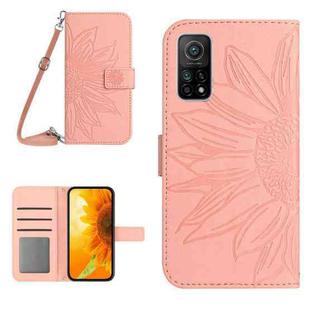 For Xiaomi Mi 10T / 10T Pro Skin Feel Sun Flower Pattern Flip Leather Phone Case with Lanyard(Pink)