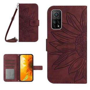 For Xiaomi Mi 10T / 10T Pro Skin Feel Sun Flower Pattern Flip Leather Phone Case with Lanyard(Wine Red)