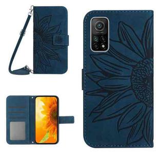 For Xiaomi Mi 10T / 10T Pro Skin Feel Sun Flower Pattern Flip Leather Phone Case with Lanyard(Inky Blue)