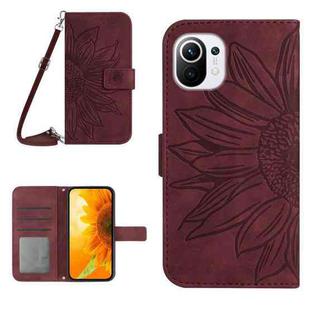For Xiaomi Mi 11 Skin Feel Sun Flower Pattern Flip Leather Phone Case with Lanyard(Wine Red)