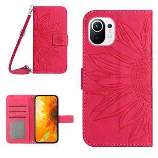 For Xiaomi Mi 11 Lite Skin Feel Sun Flower Pattern Flip Leather Phone Case with Lanyard(Rose Red)