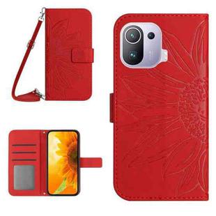 For Xiaomi Mi 11 Pro Skin Feel Sun Flower Pattern Flip Leather Phone Case with Lanyard(Red)