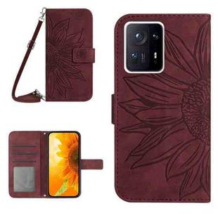 For Xiaomi Mi Mix 4 Skin Feel Sun Flower Pattern Flip Leather Phone Case with Lanyard(Wine Red)