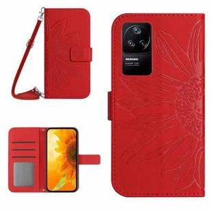 For Xiaomi Poco F4 5G Skin Feel Sun Flower Pattern Flip Leather Phone Case with Lanyard(Red)