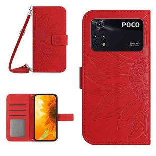 For Xiaomi Poco M4 Pro 4G Skin Feel Sun Flower Pattern Flip Leather Phone Case with Lanyard(Red)