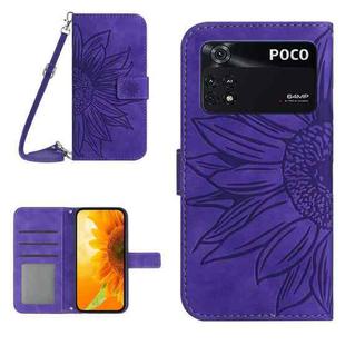 For Xiaomi Poco M4 Pro 4G Skin Feel Sun Flower Pattern Flip Leather Phone Case with Lanyard(Dark Purple)