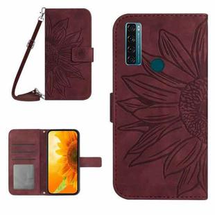 For TCL 20 SE Skin Feel Sun Flower Pattern Flip Leather Phone Case with Lanyard(Wine Red)