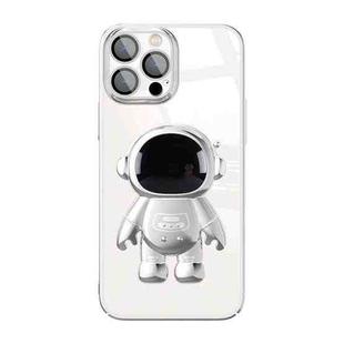 For iPhone 14 Pro Electroplating PC Astronaut Holder Phone Case with Lens Film(Silver)