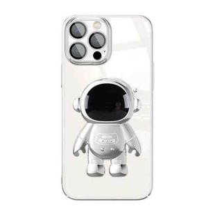 For iPhone 14 Pro Max Electroplating PC Astronaut Holder Phone Case with Lens Film(Silver)