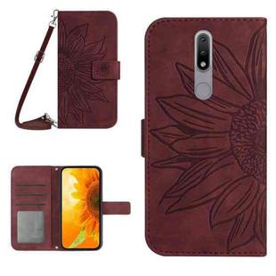 For Nokia 2.4 Skin Feel Sun Flower Pattern Flip Leather Phone Case with Lanyard(Wine Red)