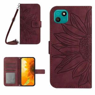 For Wiko T10 Skin Feel Sun Flower Pattern Flip Leather Phone Case with Lanyard(Wine Red)