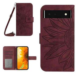 For Google Pixel 6 Pro Skin Feel Sun Flower Pattern Flip Leather Phone Case with Lanyard(Wine Red)