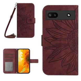 For Google Pixel 6A Skin Feel Sun Flower Pattern Flip Leather Phone Case with Lanyard(Wine Red)