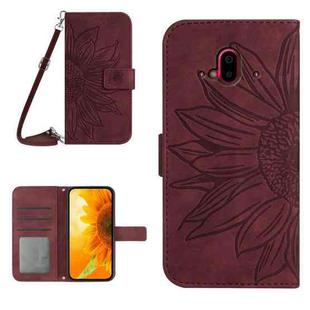 For Fujitsu Arrows F-52B Skin Feel Sun Flower Pattern Flip Leather Phone Case with Lanyard(Wine Red)