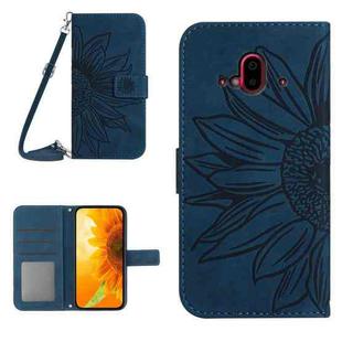 For Fujitsu Arrows F-52B Skin Feel Sun Flower Pattern Flip Leather Phone Case with Lanyard(Inky Blue)