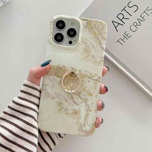 For iPhone 14 Pro Ring Holder Glitter Powder Marble Phone Case(Grey Platinum)