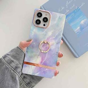 For iPhone 14 Ring Holder Square Plating Gold Edge Phone Case(Galaxy White Purple)