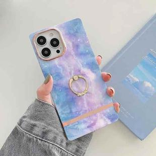 For iPhone 14 Pro Max Ring Holder Square Plating Gold Edge Phone Case(Galaxy Purple Blue)