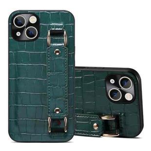 For iPhone 14 Crocodile Wristband Wallet Leather Back Cover Phone Case(Dark Green)