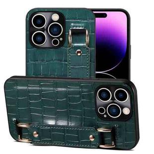 For iPhone 14 Pro Max Crocodile Wristband Wallet Leather Back Cover Phone Case(Dark Green)